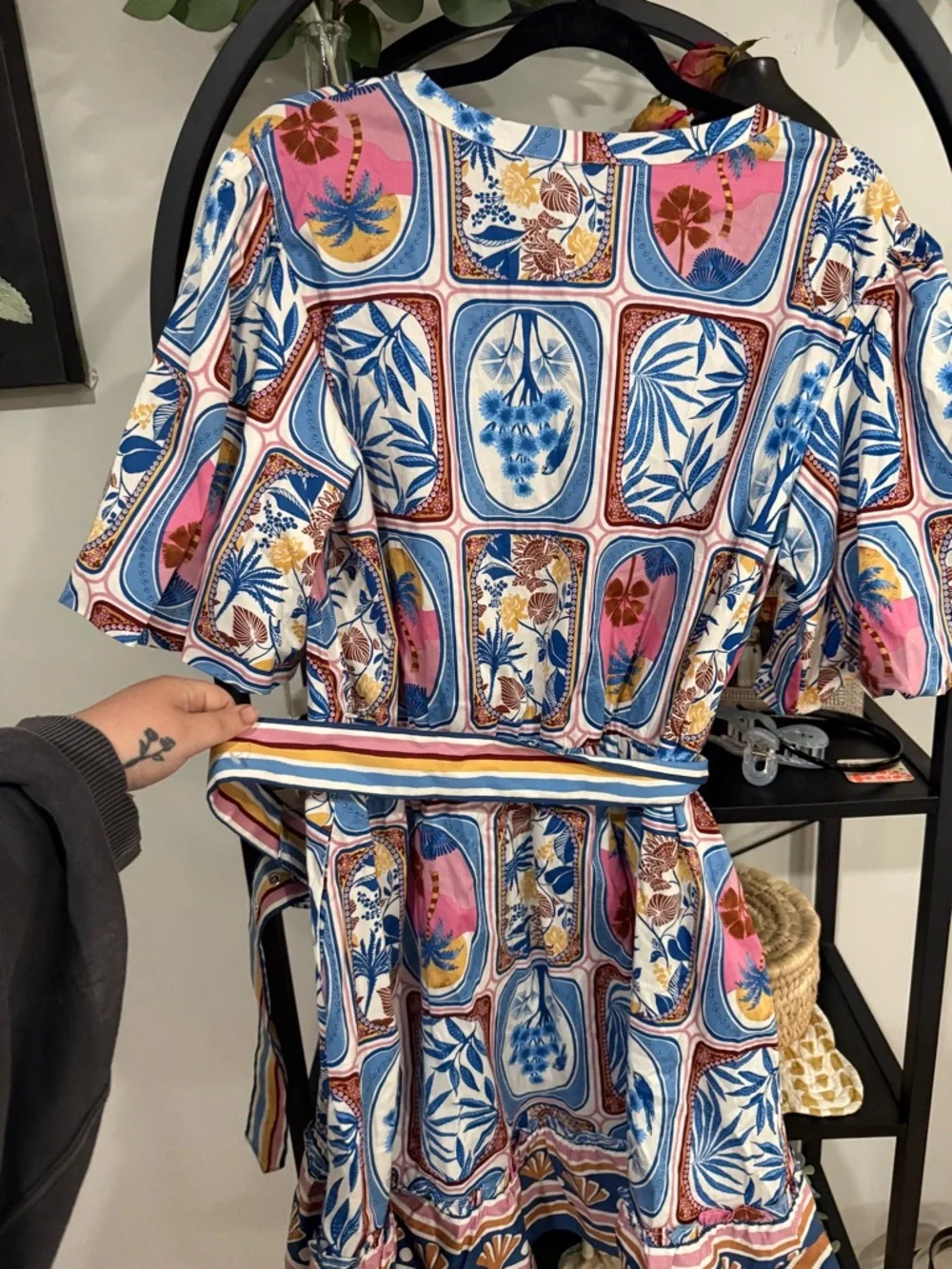 Joie Printed Belted Mini Dress | Size 16 | Boho Floral Tile Print | NWT - Picture 12 of 13